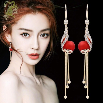 S925 Silver Ear Hook Korean New Super Fairy Peacock Red Bead Tassel Chinese Style Elegant Socialite Pearl Long Earrings
