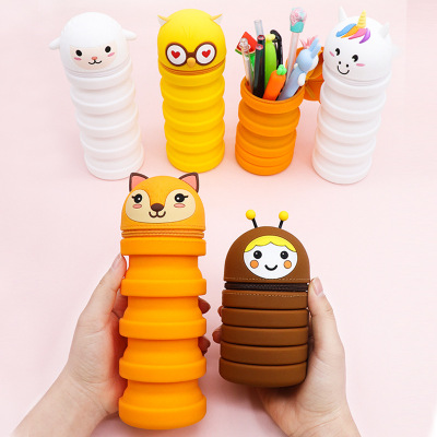 New Silicone Pencil Case Zipper Cartoon Retractable Pen Holder Circle and Creative Decompression Stationery Box Learning Stationery Spot
