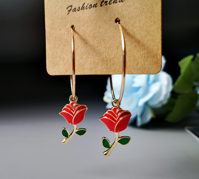 Rongyu Fashion Big Circle Green Leaf Red Roses Earrings Korean Style 14K Gold Plated Online Influencer Jewelry Valentine's Day Gift