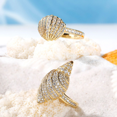 Rongyu Amazon Gold Diamond Snail Small Conch Shell Ring Ocean Style Creative Fashion Ornament Wholesale