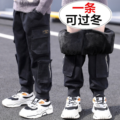Children's Clothing Boys' Fleece-Lined Trousers Autumn and Winter 2020 New Winter Clothes Medium and Large Children's Overalls Thickened Winter Fashion