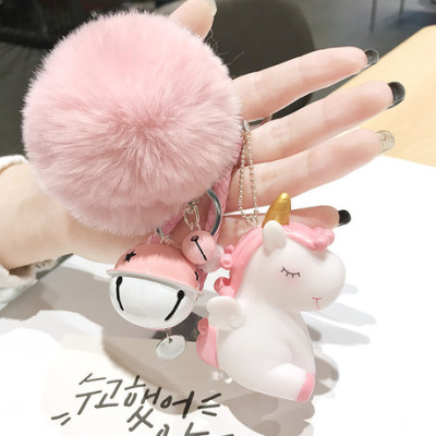 Creative Korean Version Cute Unicorn Doll Keychain Creative Rex Rabbit Fur Ball Bell Handbag Pendant Female Steam