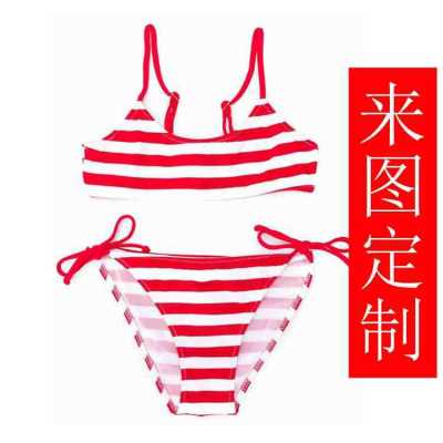 Middle and Big Children Child Girl Junior High School Students Red and White Striped Split Bikini Swimsuit