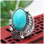 Rongyu Retro Natural Turquoise Ring Creative Embossed Leaves Plated 925 Retro Silver Eye-Catching Ring Wholesale