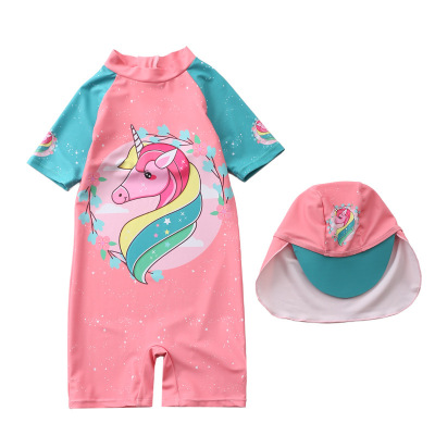 Children's Swimsuit Girl's One-Piece Swimming Suit Korean Dinosaur Hooded Swimsuit Long Sleeve Beachwear Sun Protection Hot Spring Bathing Suit