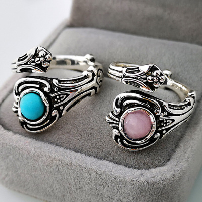 Rongyu New Retro Creative Rose Flower Pink Crystal Gemstone Ring European and American Couple Wedding Turquoise Ring