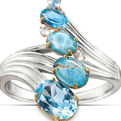 Rongyu's Graceful Wavy Magnificent Gemstone Ring Six Different Gemstones "Quiet Journey" Ring