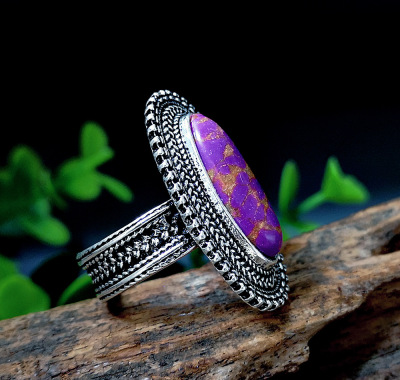 Rongyu Wish Hot Sale European And American Retro Purple Dragon Crystal Stone Ring 925 Thai Silver Purple Turquoise Lace Exaggerated Ring
