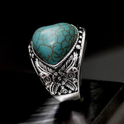 Rongyu Wish Hot Sale Creative Heart-Shaped Flower Ring European and American Personalized Vintage Thai Silver Turquoise Ring Manufacturer