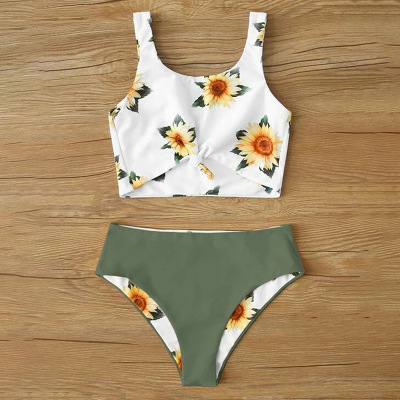 2020 New Children's Swimsuit Girls' Bikini Foreign Trade SUNFLOWER Split Medium and Large Girls Printed Swimsuit