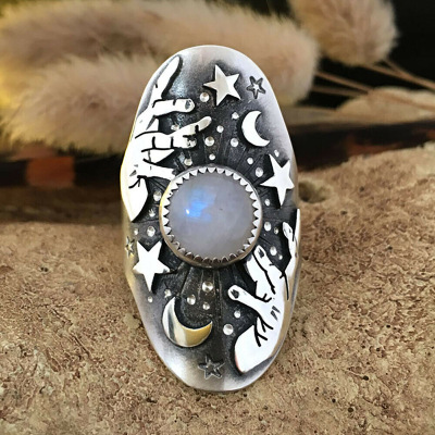 Rongyu Wish Fashion New Starry Sky Creative Magician Men and Women Ring Moonstone Vintage Thai Silver Ring