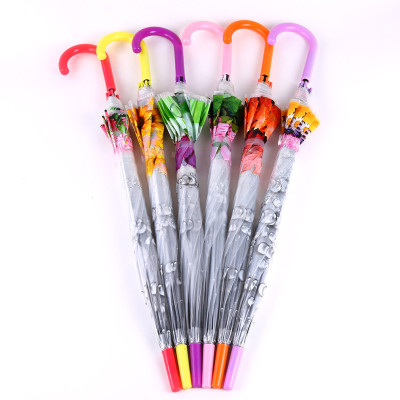 New Sunscreen Umbrella Hand-Painted Flowers Portable Folding Student Transparent Umbrella Illustration Straight Handle Umbrella