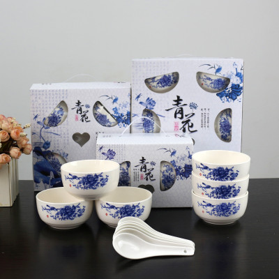 Special Offer Blue and White Porcelain Series Ceramic Tableware Korean Style Bowl Four Bowls Four Spoons Business Festival Premium Gifts Sets