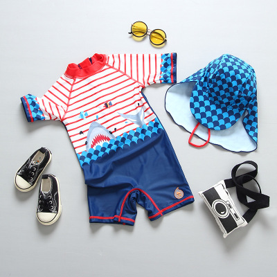 Korean Baby Cute Shark Children Swimsuit Sun Protection One-Piece Warm Infant Swimsuit Blouse and Pants Trendy with Hat