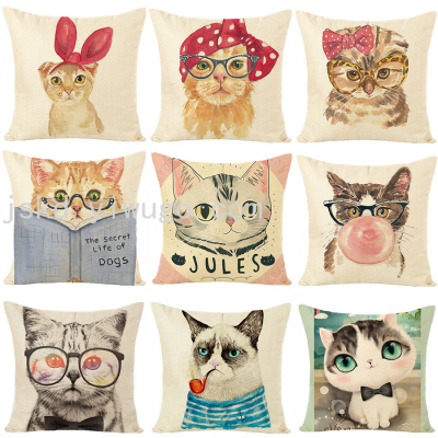 Cute Cartoon Cat Linen Printed Pillowcase Sofa Living Room Cushions without Core Model Room Bedside Cushion