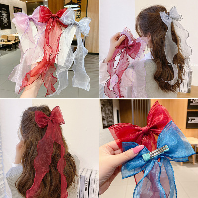 Red Bow Long Streamer Internet Influencer Hair Clip Female Duckbilled Headdress Korean Top Clip Hairpin Back Head Hairclip