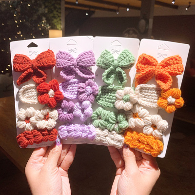 Knitted Bow Barrettes Wool Children's Hairpin Headdress Girls' Hand-Woven Flowers Folder Women's Korean Hair Accessories