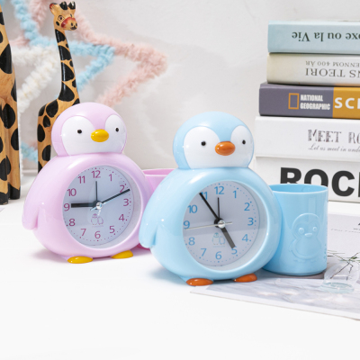 Cute Little Penguin Cartoon Fashion with Pen Holder Student Children's Alarm Clock Creative Gift Department Store Desk Decoration Clock