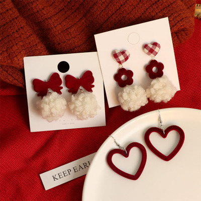 New Year Valentine's Day Wine Red Velvet Bow Sweet Earrings Graceful and Cute Girly Earrings Ear Clip Earrings
