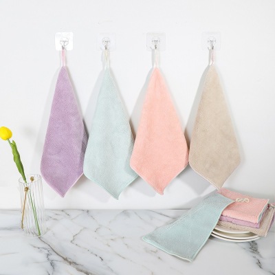 New Macaron Two-Color Double Coral Fleece Dishwashing Towel Kitchen Cleaning Scouring Pad Hand Towel Thickened