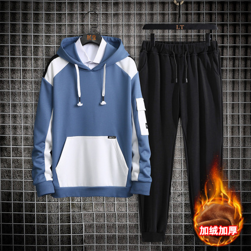 men‘s sweater fleece padded suit sports casual loose fashion student wear men‘s coat hooded two-piece set