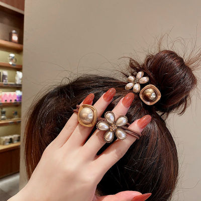 Korean Style Headdress Vintage Headband Women's Pearl Flower Rubber Band Macaron Hair Ring Hair Rope Internet Celebrity WeChat Supply Hair Accessories