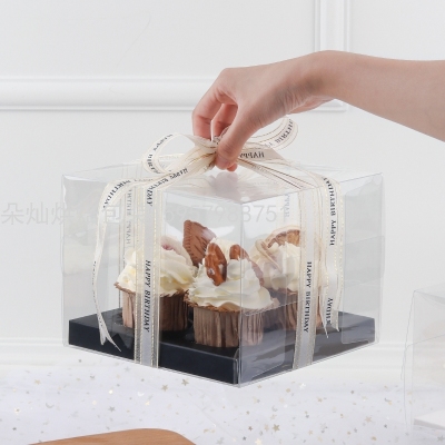 4 Cups Black Transparent Cake Box Cup Cake Packaging Box Paper Cup Transparent Plastic Dessert to-Go Box