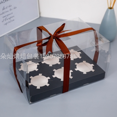 6 Cups Black Transparent Cake Box Cup Cake Packaging Box Paper Cup Transparent Plastic Dessert to-Go Box