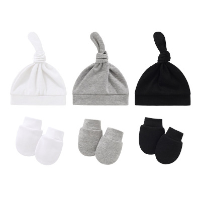Foreign Trade European and American Newborn Fetal Cap Anti-Grasping Gloves Baby Knotted Hat Baby Cap Baby Protective Gloves