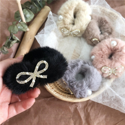 Korean Bow Czech Diamond Rabbit Fur Hair Ring Pearl Wool Back Head Ponytail Rubber Band Japan and South Korea