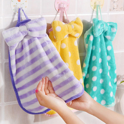 Coral Velvet Bowknot Hanging Hand Towel Absorbent Non-Lint Kitchen Towel Fine Fiber Rag