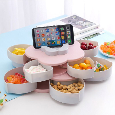 Double Layer Rotating Fruit Plate Creative Flower 10 Grid Dried Fruit Snack Box Peanut Melon Seeds Plate with Mobile Phone Bracket