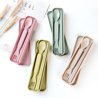 Creative Japanese and Korean Wheat Straw Spoon Fork Three-Piece Set Including Chopsticks Children's Portable Tableware Outdoor Portable Cutlery Set