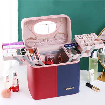 2021 New Color Matching Portable Cosmetic Bag Women's Large Capacity Dustproof Multi-Functional Layer Storage Box Cosmetic Case