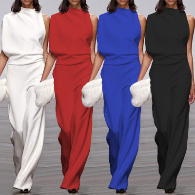 2020 New European Station Women's Pants Solid Color One-Shoulder Pile Collar Jumpsuit Amazon Hot Sale Popular Dress Trousers