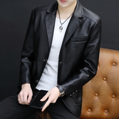 Men's Leather Jacket Fleece-Lined Thickened Korean Style Slim-Fit Trendy Autumn and Winter New Leather Suit Large Size Clothes Men's Jacket