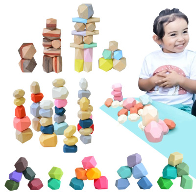 Cross-Border Source Supply Manufacturer Ins Nordic Style Wooden Stone Shape Children's Jenga Building Blocks Toys