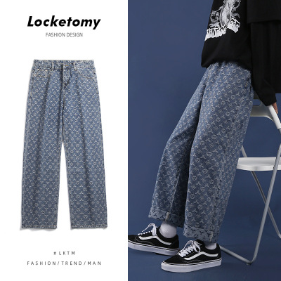 Lktm Men's Clothing# Paisley Fashion Brand Jeans Men's Ins Hong Kong Style Couple's Pattern Wide Leg Clunky Casual Trousers