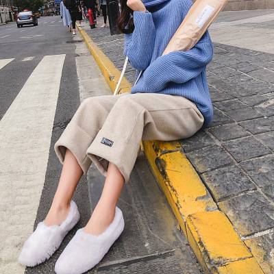 Korean Style Flanging Woolen Wide-Leg Pants Women's Autumn and Winter Cropped 2019 New Chic Style Loose High Waist Drooping Casual Pants