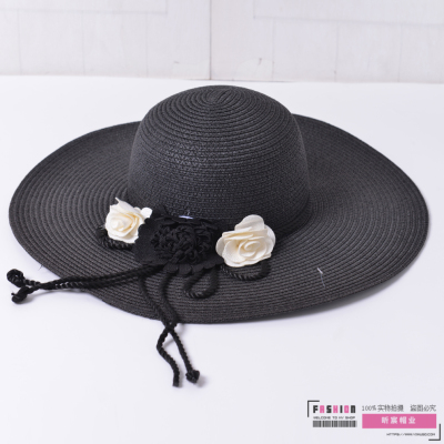 Petal Bow Decoration Broad-Brimmed Hat Women's Korean Style Versatile Summer Outing Vacation Seaside Beach Sun Hat