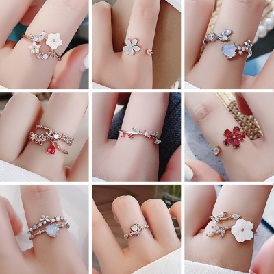 Japanese and Korean Fashion Rhinestone Crystal Zircon Flower Ring Micro-Inlaid Sweet All-Matching Love Heart Flowers Opening Ring Bracelet