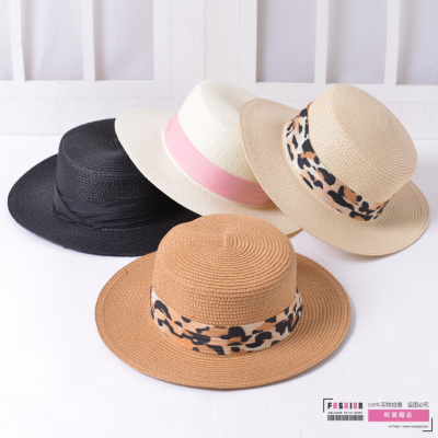 Leopard Print Ribbon Decorative Woven Sun Hat Female Summer Beach Hat Vacation Sun Hat Korean Style All-Matching Sun Hat