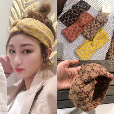 South Korea Dongdaemun Knitted Hair Band Ladies New Ins Wool Cross Wide Edge Elastic Face Wash Headband Plaid