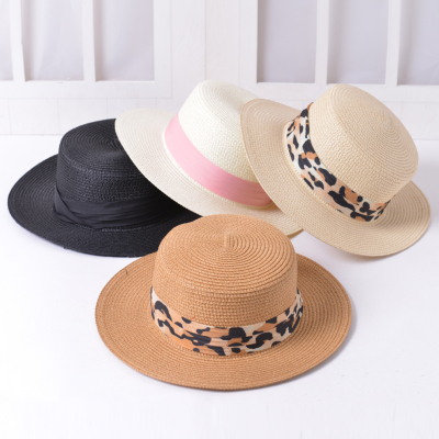 2021 New Fashion Sun Hats for Women Girls Wide Brim Floppy Straw Hat Summer Bohemia Beach Cap Ribbon Leopard 