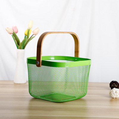 Factory Direct Sales Home Storage Basket Fruit Basketball Hoop White Green Bamboo Handle Metal Small Basket