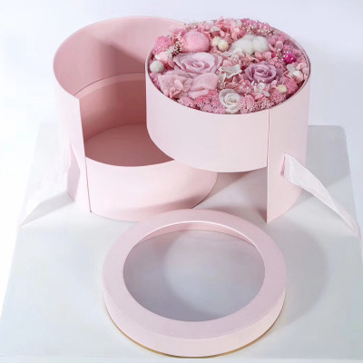 Tiandigai Cylinder Double-Layer Gift Box Portable round Flower Gift Box Window Packaging Box