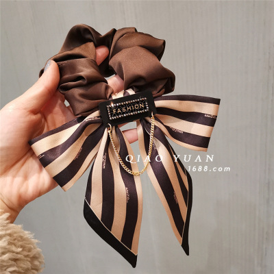 Korean Fashionable Design Diamond Brand Pure Copper Chain Vintage Stripe Bow Large Intestine Ring Streamer Hair Tie Head Rope