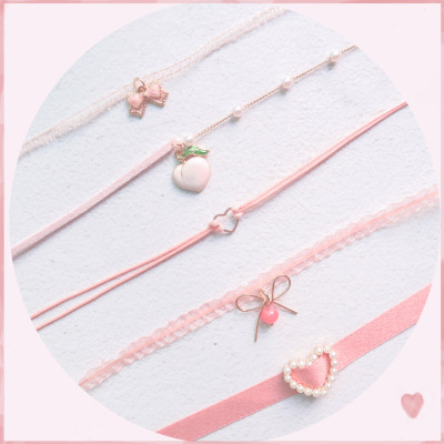 Japanese Style Soft Girl Ornament Pink Neck Band Peach Heart Pendant Choker Collar Short Clavicle Chain Necklace for Women