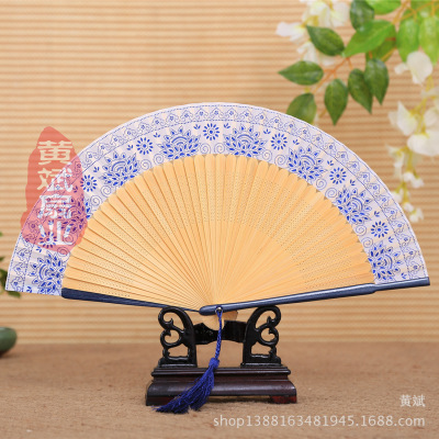 42 Square Chinese Style Painted Blue and White Porcelain Fan * Bamboo Fan Craft Gift Daily Use * Factory Direct Sales * High-End Female Fan
