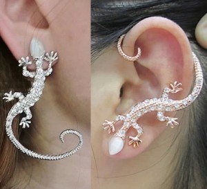 Korean Ornament Nightclub Ear Studs Earrings Light Diamond Rose Gold Exaggerated Gecko Lizard Ear Hanging Popular Anti-Allergy B125